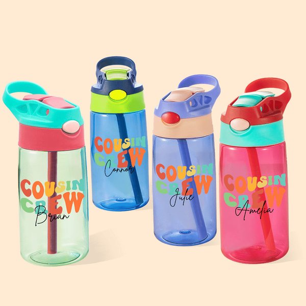 Personalized Cousin Crew 16oz Name Water Bottle with Straw and Spill-Proof Lid Kids Party Favor Gift for Boys Girls