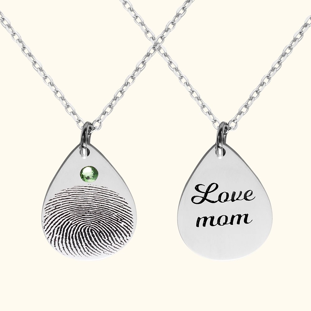 Collier Minimaliste Personnalisé avec Pierre de Naissance Empreinte Digitale et Texte Gravés Pendentif Goutte d'Eau Cadeau Anniversaire pour Femme