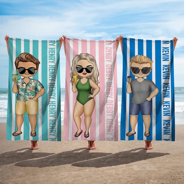 Personalized Quick Dry Striped Cartoon Characters Oversized Beach Towel with Name Birthday Summer Travel Essential Gift for Family Friends