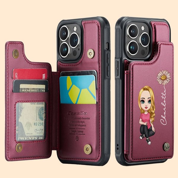 Personalized Cartoon Character Birth Flower Name Leather Flip Wallet Phone Case for iPhone with Card Holder RFID Blocking Gift for Family Friend