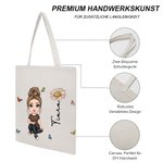 Personalisierte Niedliche Cartoon-Figur Canvas Tragetasche mit Geburtsblume und Namen Umweltfreundlich Schule Geburtstag Geschenk für Damen Mädchen