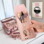 Personalised Y2K Birth Flower Cartoon Girl Portable Leather Makeup Brush Bag with 8 Pcs Brushes Birthday Gift for Women