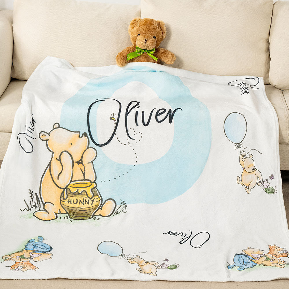 Personalized Soft Classic Winnie the Pooh Fleece Throw Blanket with Name and Initial Baby Shower Receiving Gift for Newborns