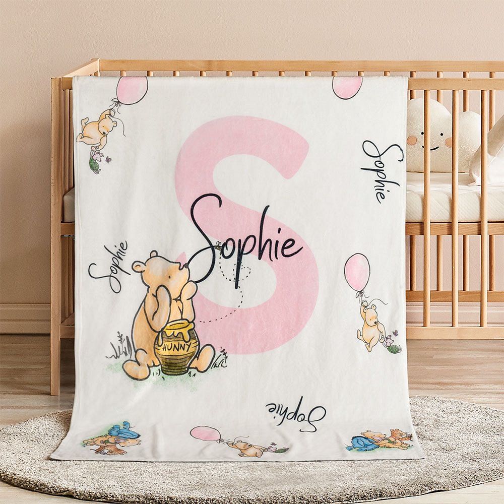 Personalised Soft Winnie the Pooh Throw Blanket with Name and Initial