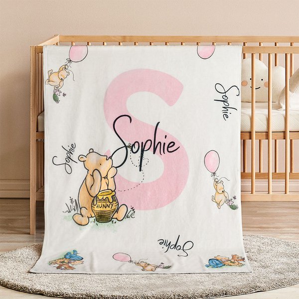 Personalized Soft Classic Winnie the Pooh Throw Blanket with Name and Initial Baby Shower Receiving Gift for Newborns