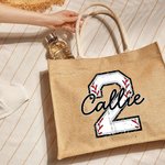 Personalised Football Basketball Softball Baseball Name Jute Tote Bag with Initial or Number Birthday Team Gift for Sports Lovers