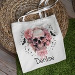 Personnalisé Pink Floral Skull Bats Large Canvas Tote Bag with Name Halloween Party Gift for Women Girls Skull Lovers