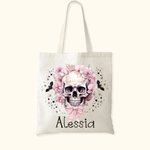 Personnalisé Pink Floral Skull Bats Large Canvas Tote Bag with Name Halloween Party Gift for Women Girls Skull Lovers