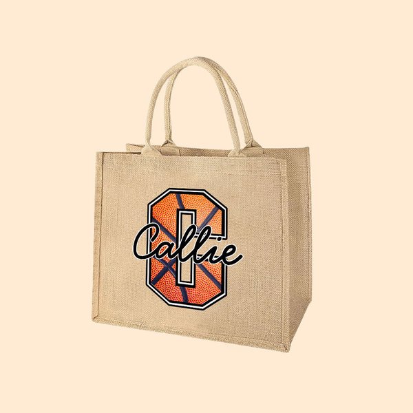 Personalised Football Basketball Softball Baseball Name Jute Tote Bag with Initial or Number Birthday Team Gift for Sports Lovers