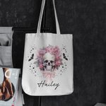 Personnalisé Pink Floral Skull Bats Large Canvas Tote Bag with Name Halloween Party Gift for Women Girls Skull Lovers