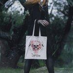 Personnalisé Pink Floral Skull Bats Large Canvas Tote Bag with Name Halloween Party Gift for Women Girls Skull Lovers