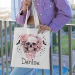 Personnalisé Pink Floral Skull Bats Large Canvas Tote Bag with Name Halloween Party Gift for Women Girls Skull Lovers