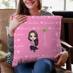 Personalised Cute Cartoon Character Heart Birth Flower Throw Pillow Cover with Name Home Decor Housewarming Birthday Gift for Family Friend