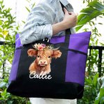 Personalized Highland Cow Large Name Tote Bag with Mesh Pocket Birthday Christmas Gift for Highland Cow Lovers