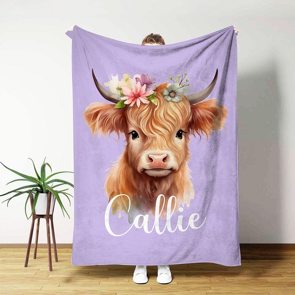 Personalized Cute Floral Highland Cow Soft Throw Blanket with Name Home Decor Birthday Gift for Highland Cow Lovers