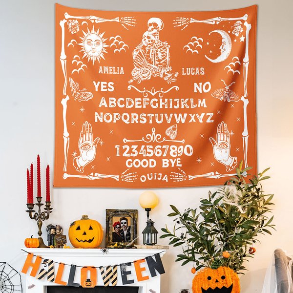 Tapisserie Personnalisée Halloween Couple Crâne Ouija Board Pattern avec Nom Home Decor Halloween Party Gift for Couple Family