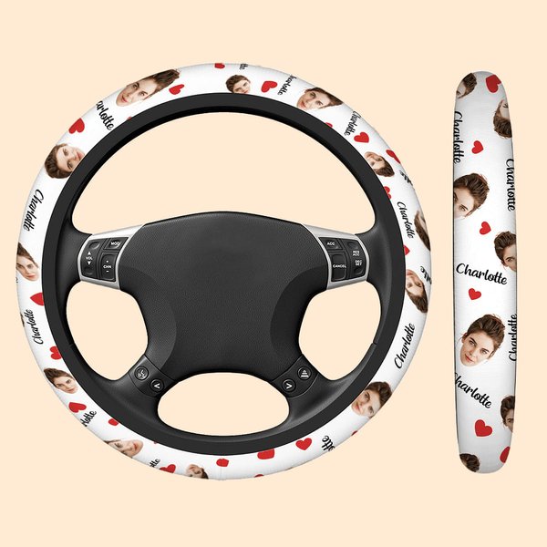 Personlig flerfarget hjerteblomst ansiktsfoto sklisikkert bilrattdeksel med navn biltilbehør bursdagsgave til bileier