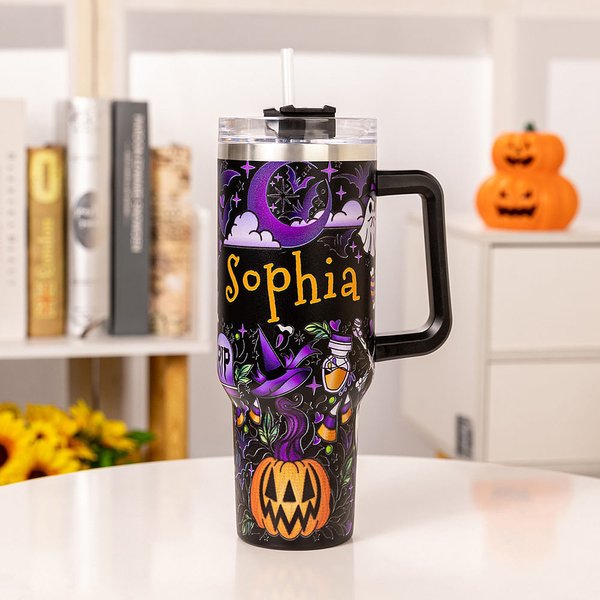 Personalised Boho Pumpkin Ghost Design 40oz Tumbler with Name Lid and Straw Birthday Halloween Gift for Family