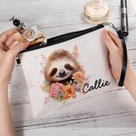 Personalized Cute Floral Sloth Name Makeup Bag with Wristband Birthday Gift for Women Sloth Lovers