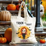 Personalized Cute Witch Vampire Trick or Treat Canvas Tote Bag with Name Halloween Gift for Kids