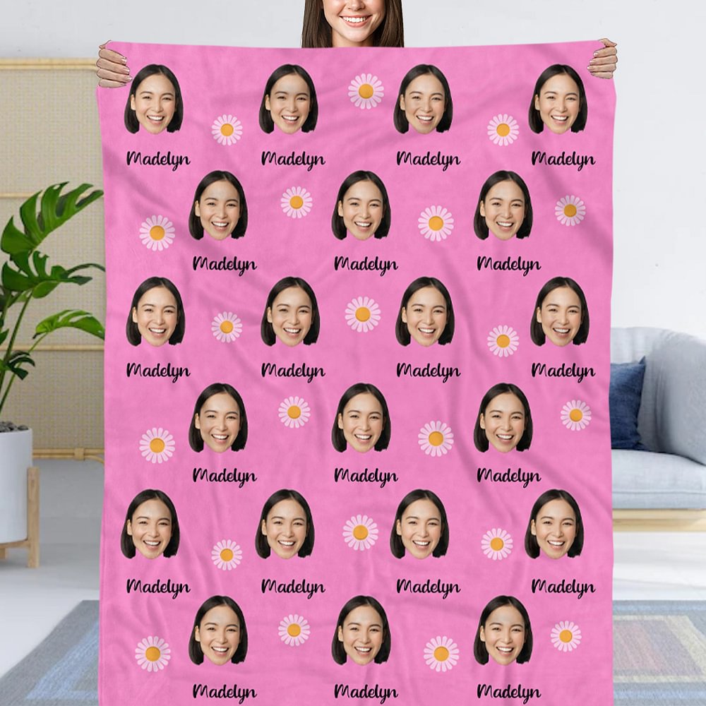 Couverture Multicolore Personnalisée avec Nom et Photo de Visage Motif à Choix Fleur Coeur Décoration Maison Cadeau Anniversaire Noël pour la Famille
