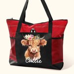 Personalized Highland Cow Large Name Tote Bag with Mesh Pocket Birthday Christmas Gift for Highland Cow Lovers