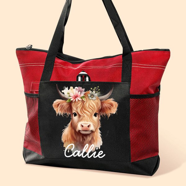 Vaca de las Tierras Altas personalizada Bolsa de asas grande con nombre y bolsillo de malla Regalo de Navidad para los amantes de las vacas de las Tierras Altas