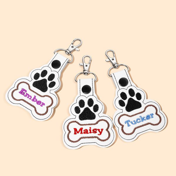 Personalised Dog Paw Bone Leather Keychain with Embroidery Name Bag Pet Waistcoat  Decoration Christmas Birthday Gift for Pet Lover
