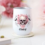 Gepersonaliseerde Roze Bloemen Schedelvleermuizen Veelkleurig 12oz Naam Wijn Tumbler met Deksel en Rietje Halloween Cadeau voor Vrouwen Schedelliefheb