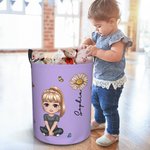 Personalized Double-Side Cartoon Character & Birth Flower Waterproof Laundry Storage Basket with Name and Handle Birthday Housewarming Gift for Family