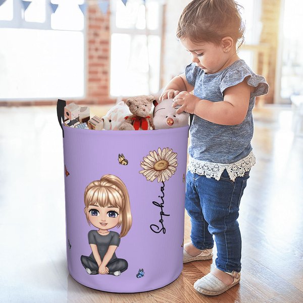 Personalized Double-Side Cartoon Character & Birth Flower Waterproof Laundry Storage Basket with Name and Handle Birthday Housewarming Gift for Family