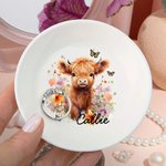 Personalized Watercolour Floral Highland Cow Ceramic Trinket Jewellery Dish with Name Wedding Bridal Shower Gift for Women Highland Cow Lovers