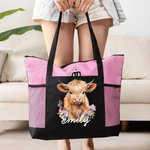 Personalized Highland Cow Large Name Tote Bag with Mesh Pocket Birthday Christmas Gift for Highland Cow Lovers