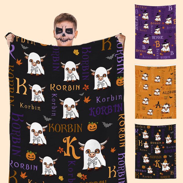 Coperta personalizzata Highland Cow Ghost Wizard Hat Design Morbida coperta con nome Home Decor Regalo di Halloween per bambini