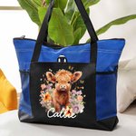 Personalized Highland Cow Large Name Tote Bag with Mesh Pocket Birthday Christmas Gift for Highland Cow Lovers