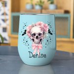 Gepersonaliseerde Roze Bloemen Schedelvleermuizen Veelkleurig 12oz Naam Wijn Tumbler met Deksel en Rietje Halloween Cadeau voor Vrouwen Schedelliefheb