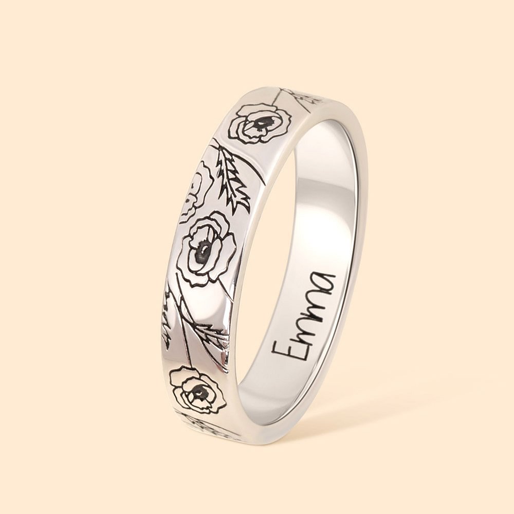 Bague Exquise Personnalisée avec Nom Gravé et Fleur de Naissance Bijou Minimaliste Cadeau Anniversaire Noël pour Femmes
