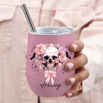 Gepersonaliseerde Roze Bloemen Schedelvleermuizen Veelkleurig 12oz Naam Wijn Tumbler met Deksel en Rietje Halloween Cadeau voor Vrouwen Schedelliefheb