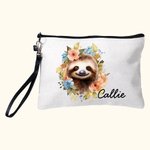 Personalized Cute Floral Sloth Name Makeup Bag with Wristband Birthday Gift for Women Sloth Lovers