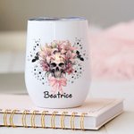 Gepersonaliseerde Roze Bloemen Schedelvleermuizen Veelkleurig 12oz Naam Wijn Tumbler met Deksel en Rietje Halloween Cadeau voor Vrouwen Schedelliefheb