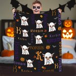 Personnalisé Highland Cow Ghost Wizard Hat Design Soft Throw Blanket with Name Home Decor Halloween Gift for Kids
