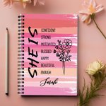 Personalized Self Care She Is Me Pink 120 Pages A5 Lined Spiral Notebook with Name and Birth Flower Birthday Affirmation Gift for Women Girls