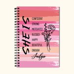Personalized Self Care She Is Me Pink 120 Pages A5 Lined Spiral Notebook with Name and Birth Flower Birthday Affirmation Gift for Women Girls