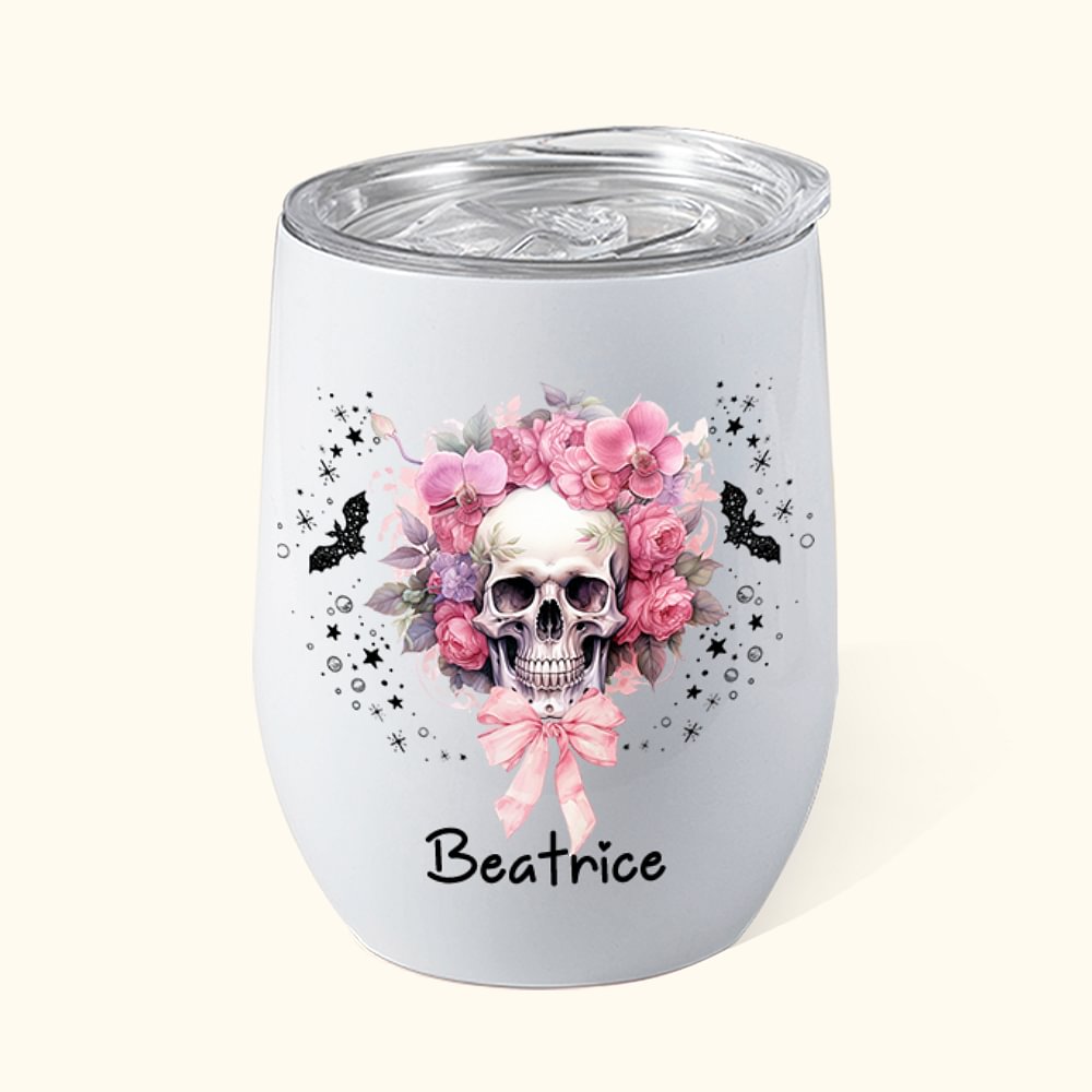 Verre à vin personnalisé rose avec couvercle et paille Cadeau d'Halloween pour les femmes aimant les têtes de mort