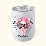 Gepersonaliseerde Roze Bloemen Schedelvleermuizen Veelkleurig 12oz Naam Wijn Tumbler met Deksel en Rietje Halloween Cadeau voor Vrouwen Schedelliefheb