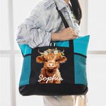 Personalized Highland Cow Large Name Tote Bag with Mesh Pocket Birthday Christmas Gift for Highland Cow Lovers