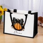 Personalized Pumpkin Bow Large Canvas Tote Bag with Name Halloween Trick or Treat Activities Gift for Women