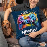 Housse de coussin personnalisée Get Ready Colorful Ink Splash Gamepad Design Throw Pillow Cover with Name Gaming Room Decor Birthday Gift for Game Lov