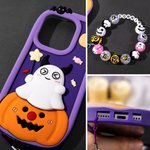 Personalised Cute Pumpkin Ghost 3D Silicone Phone Case with Name and Beaded Wrist Strap Halloween Birthday Gift for Women Girls