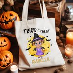 Personalized Cute Witch Vampire Trick or Treat Canvas Tote Bag with Name Halloween Gift for Kids